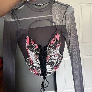 Fashion Nova Black and Pink Mesh Top